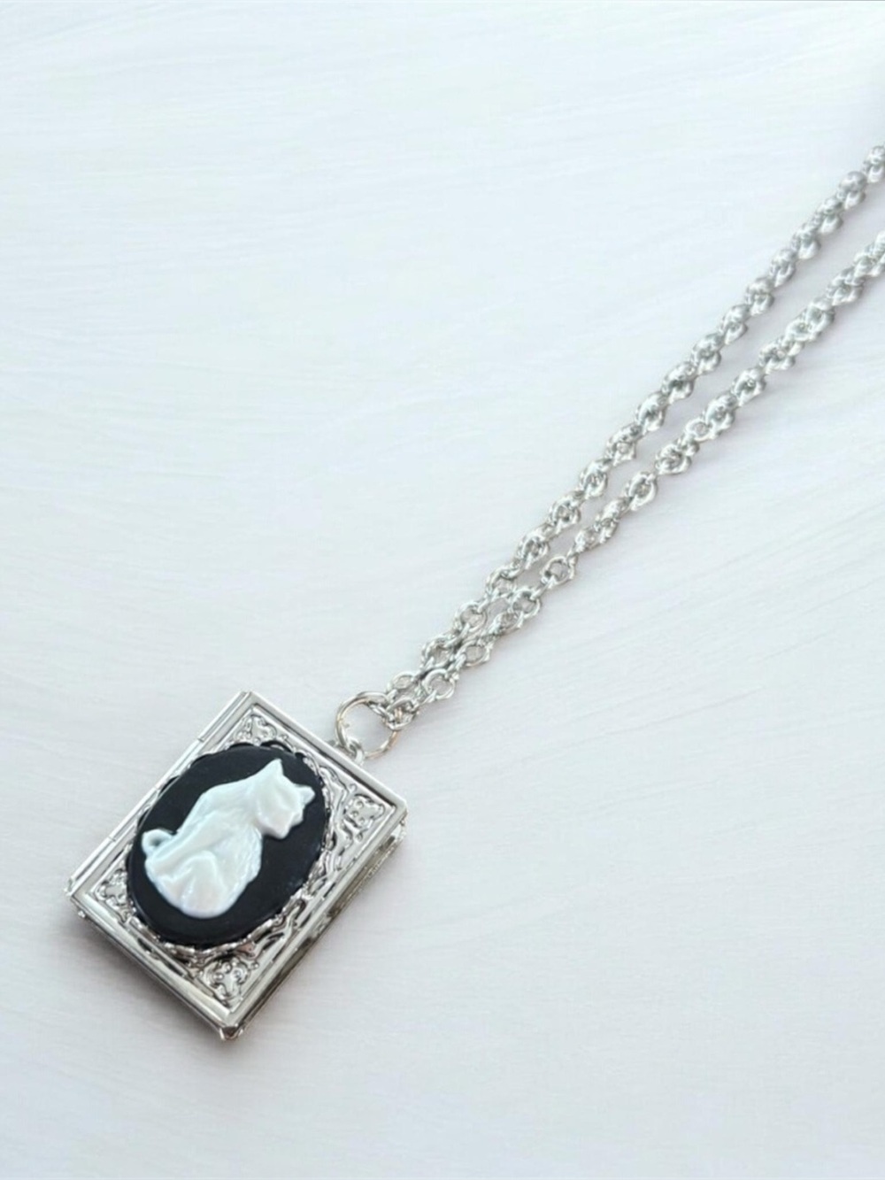 5/$25 Art Deco‑Inspired Cameo Cat on Book Pendant Locket